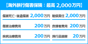 海外旅行損害保険:最高2,000万円 傷害死亡・後遺障害2,000万円 傷害治療費用200万円 疾病治療費用200万円 賠償責任2,000万円 救援者費用200万円 携行品損害20万円