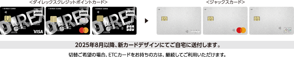 ダイレックスクレジットポイントカード ジャックスカード 2025年8月以降、新カードデザインにてご自宅に送付します。 切替ご希望の場合、ETCカードをお持ちの方は、継続してご利用いただけます。