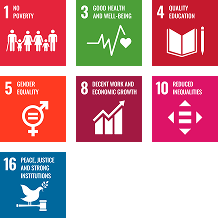1 No Poverty 3 Good Health and Well-Being 4 Quality Education 5 Gender Equality 8 Decent Work and Economic Growth 10 Reduced Inequalities 16 Peace, Justice and Strong Institutions