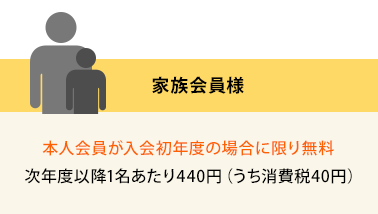 家族会員様 本人会員様が入会初年度の場合に限り無料/次年度以降1名あたり440円（うち消費税40円）