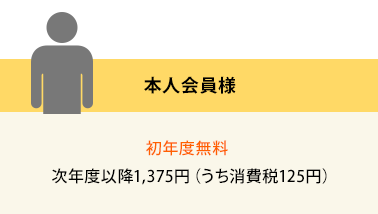 本人会員様 初年度無料/次年度以降1,375円（うち消費税125円）