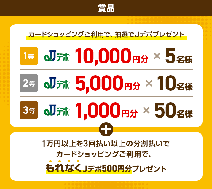 カードショッピングご利用で、抽選でJデポプレゼントの賞品詳細 1等はJデポ10,000円分を5名様に、2等は5,000円分を10名様に、3等は1,000円分を50名様に さらに1万円以上を3回払い以上の分割払いでカードショッピングご利用で、もれなくJデポ500円分プレゼント