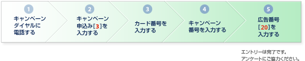 ①キャンペーンダイヤルに電話する ②キャンペーン申込み[3]を入力する ③カード番号を入力する ④キャンペーン番号を入力する ⑤広告番号[20]を入力する エントリーは完了です。 アンケートにご協力ください。