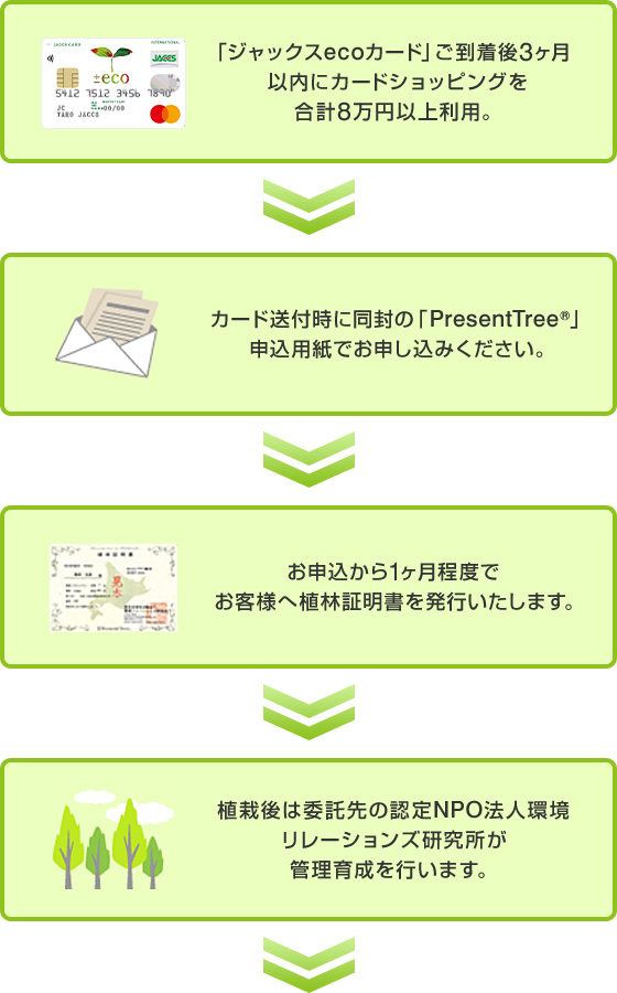 植樹までの流れ 「ジャックスecoカード」ご到着後3ヶ月以内にカードショッピングを合計8万円以上利用。 カード送付時に同封の「PresentTree®」申込用紙でお申し込みください。 お申し込みから1ヶ月程度でお客様へ植林証明書を発行いたします。 植栽後は委託先の認定NPO法人環境リレーションズ研究所が管理育成を行います。