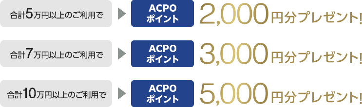 合計5万円以上のご利用でACPOポイント2,000円分プレゼント！合計7万円以上のご利用でACPOポイント3,000円分プレゼント！合計10万円以上のご利用でACPOポイント5,000円分プレゼント！
