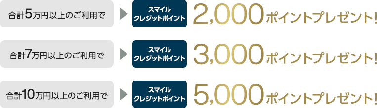 合計5万円以上のご利用でスマイルクレジットポイント2,000ポイントプレゼント！ 合計7万円以上のご利用でスマイルクレジットポイント3,000ポイントプレゼント！ 合計10万円以上のご利用でスマイルクレジットポイント5,000ポイントプレゼント！
