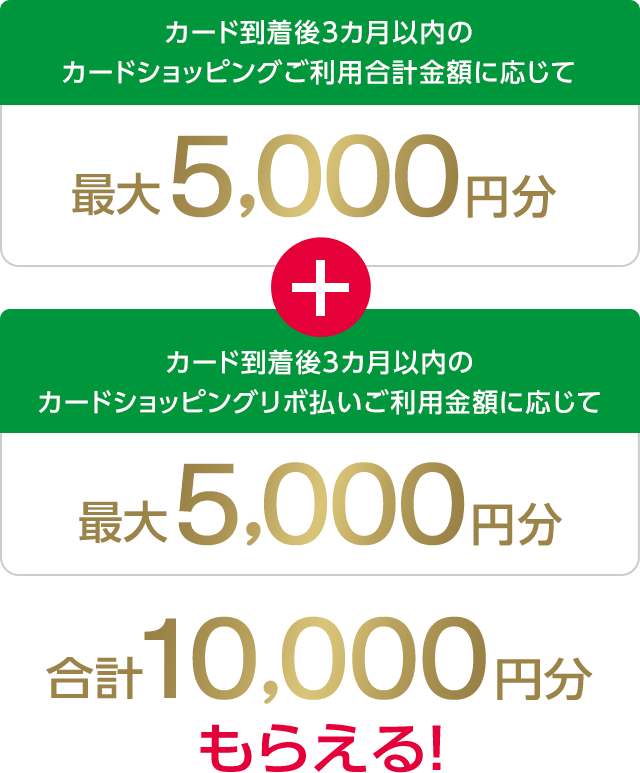 カード到着後3カ月以内のカードショッピングご利用合計金額に応じて最大5,000円分 + カード到着後3カ月以内のカードショッピングリボ払いご利用金額に応じて最大5,000円分 合計10,000円分もらえる！