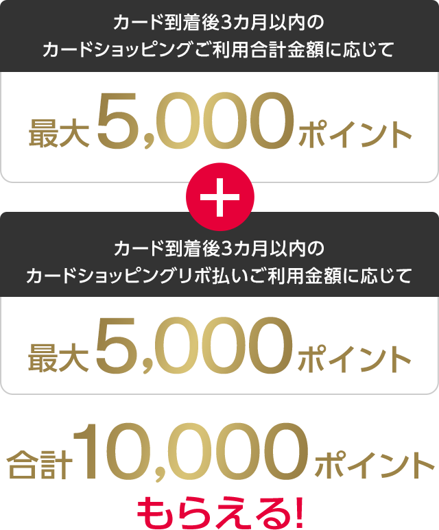 カード到着後3カ月以内のカードショッピングご利用合計金額に応じて最大5,000ポイント + カード到着後3カ月以内のカードショッピングリボ払いご利用金額に応じて最大5,000ポイント 合計10,000ポイントもらえる！