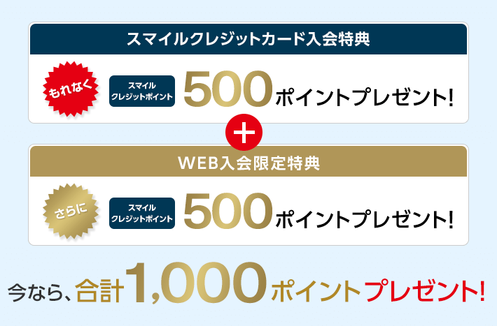 スマイルクレジットカード入会特典 もれなくスマイルクレジットポイント 500ポイントプレゼント! + WEB入会限定特典 さらに スマイルクレジットポイント 500ポイントプレゼント! 今なら、合計1,000ポイントプレゼント!
