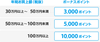 年間お買上額(税抜)30万円以上~50万円未満でボーナスポイント3,000ポイント 年間お買上額(税抜)50万円以上~100万円未満でボーナスポイント5,000ポイント 年間お買上額(税抜)100万円以上でボーナスポイント10,000ポイント