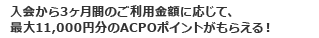 入会から3ヶ月間のご利用金額に応じて、最大11,000円分のACPOポイントがもらえる！