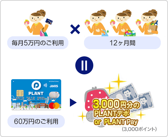 毎月5万円のご利用×12ヶ月間=60万円のご利用⇒3,000円分のPLANTデポ or PLANT Pay(3,000ポイント)