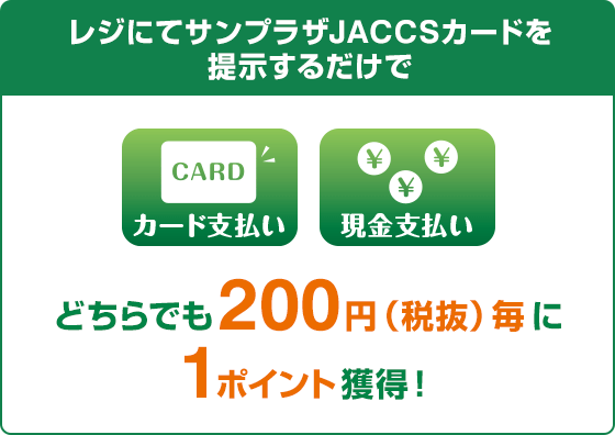 カード支払い、現金支払い レジにてサンプラザJACCSカードを提示するだけでどちらでも200円(税抜)毎に1ポイント獲得！