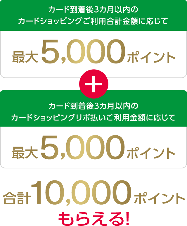 カード到着後3カ月以内のカードショッピングご利用合計金額に応じて最大5,000ポイント + カード到着後3カ月以内のカードショッピングリボ払いご利用金額に応じて最大5,000ポイント 合計10,000ポイントもらえる！