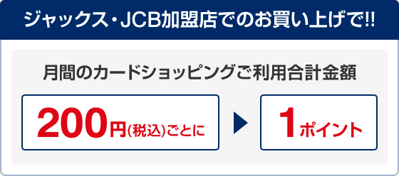 ジャックス・JCB加盟店でのお買い上げで！！ 月間のカードショッピングご利用合計金額200円(税込)ごとに1ポイント
