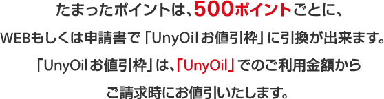 たまったポイントは、500ポイントごとに、WEBもしくは申請書で「UnyOil お値引き枠」に引換が出来ます。「UnyOil お値引枠」は、「UnyOil」でのご利用金額からご請求時にお値引きいたします。
