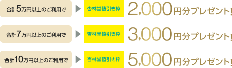 合計5万円以上のご利用で杏林堂値引き枠2,000円分プレゼント！合計7万円以上のご利用で杏林堂値引き枠3,000円分プレゼント！合計10万円以上のご利用で杏林堂値引き枠5,000円分プレゼント！