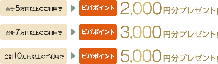 合計5万円以上のご利用でビバポイント2,000円分プレゼント！合計7万円以上のご利用でビバポイント3,000円分プレゼント！合計10万円以上のご利用でビバポイント5,000円分プレゼント！