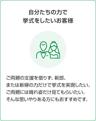 自分たちの力で挙式をしたいお客様 ご両親の支援を借りず、新郎、または新婦の力だけで挙式を実現したい ご両親には晴れ姿だけ見てもらいたい そんな思いやりある方にもおすすめです