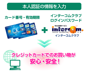 本人認証の情報を入力 カード番号・有効期限 インターコムクラブログインパスワード クレジットカードでのお買い物が安心・安全!