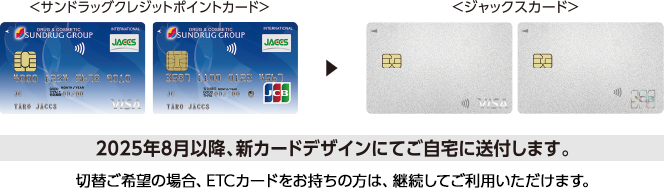 サンドラッグクレジットポイントカード ジャックスカード 2025年8月以降、新カードデザインにてご自宅に送付します。 切替ご希望の場合、ETCカードをお持ちの方は、継続してご利用いただけます。