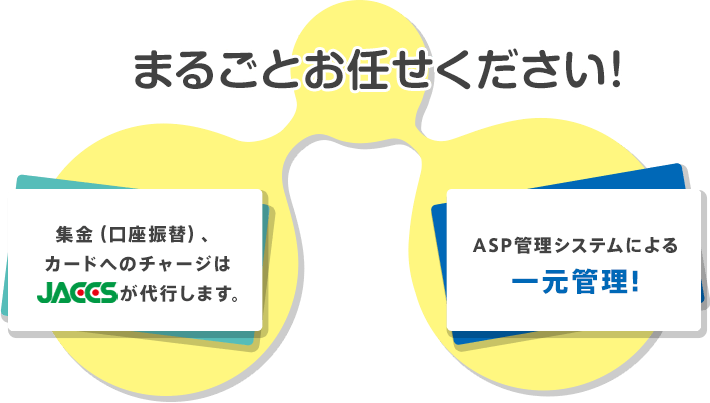 まるごとお任せください！ 集金（口座振替）、カードへのチャージはJACCSが代行します。｜ASP管理システムによる一元管理!